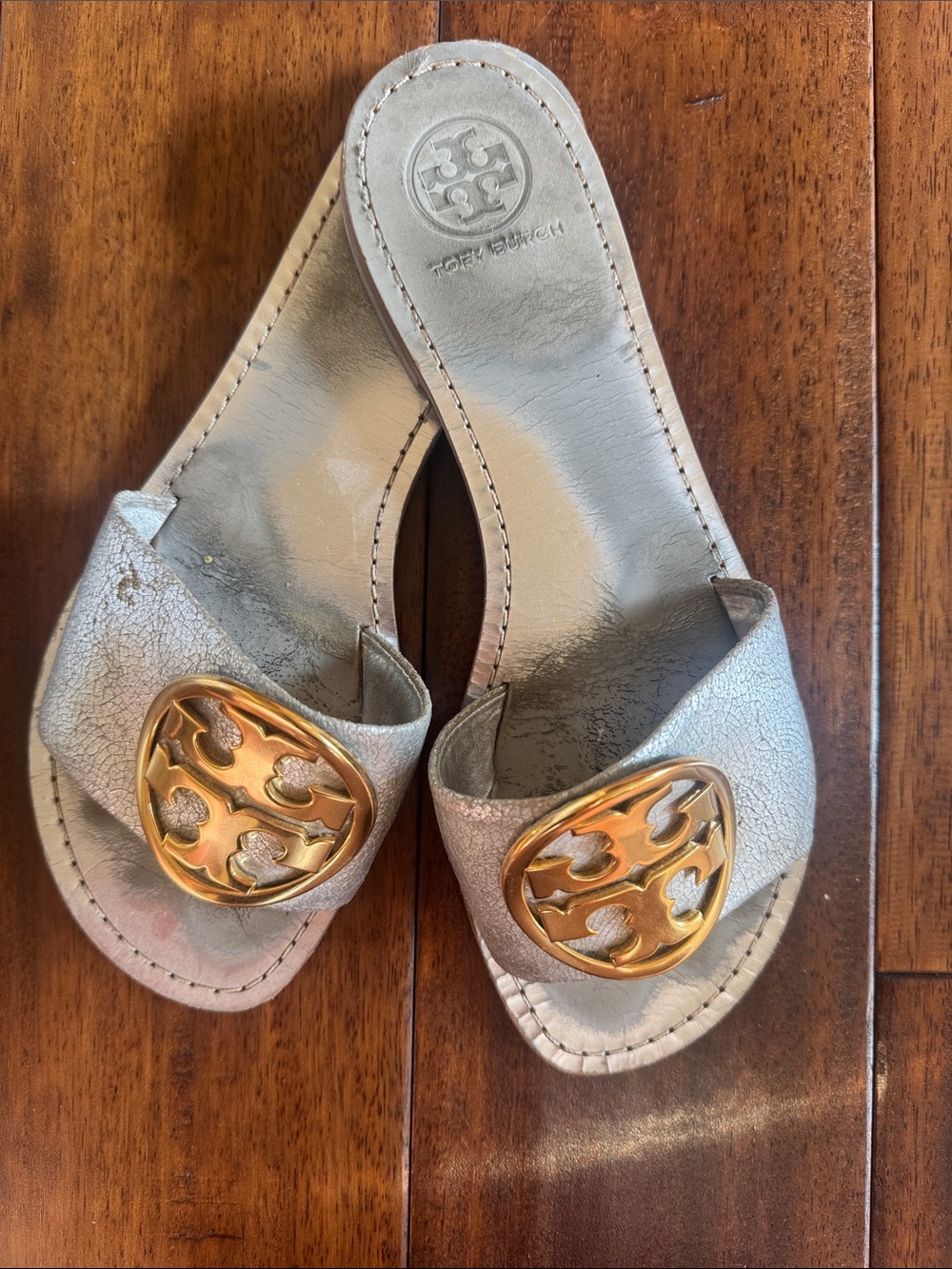 Tory Burch Silver Slide Sandals with Gold Logo Medallions
